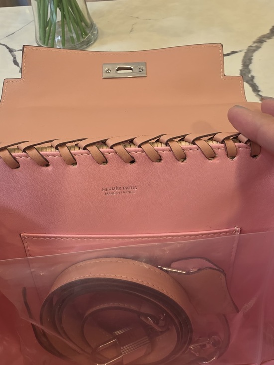 Pink Woven Basket Top-Handle Bag H PICNIC KELLY 28 Mauve pale swift wicker PHW - Picture 7 of 9